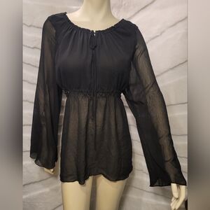 VTG Adolfo Sheer Tie Peplum Bead Elastic Waist Black Blouse Women Plus Size 3XL